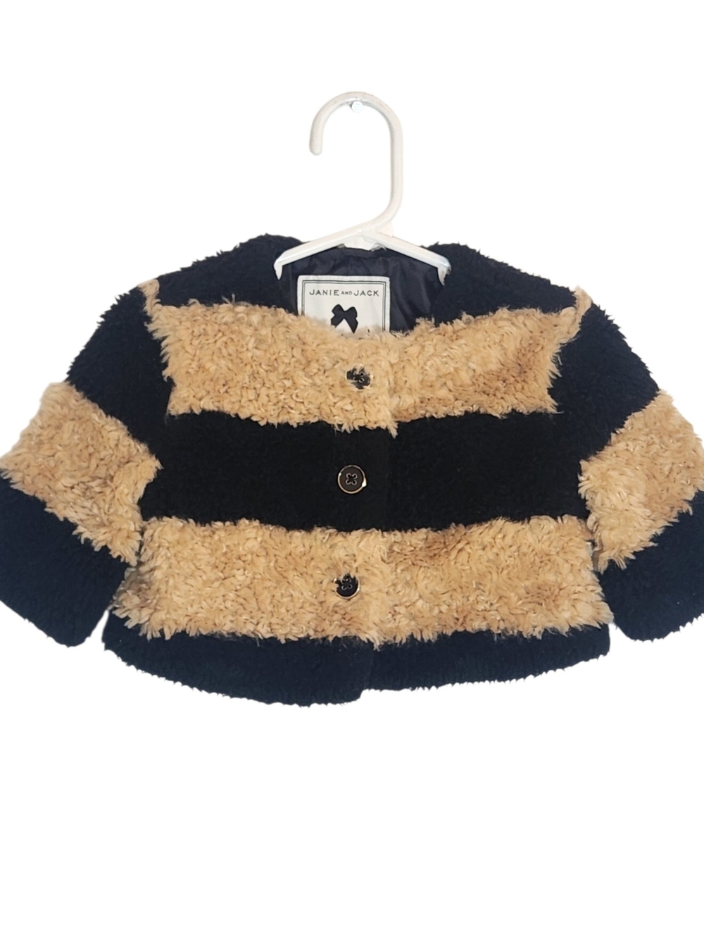Janie and Jack Girls Tan Black Striped Fuzzy Dressy Jacket Size 12-18 Months